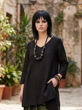 FLAX Light Soft 100% Linen V-Neck 3/4Sleeve Pullover Top Black Size M